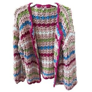 Bailey Rose Sweater Women L Pink Multicolor Chunky Knit Cardigan Warm Open Front